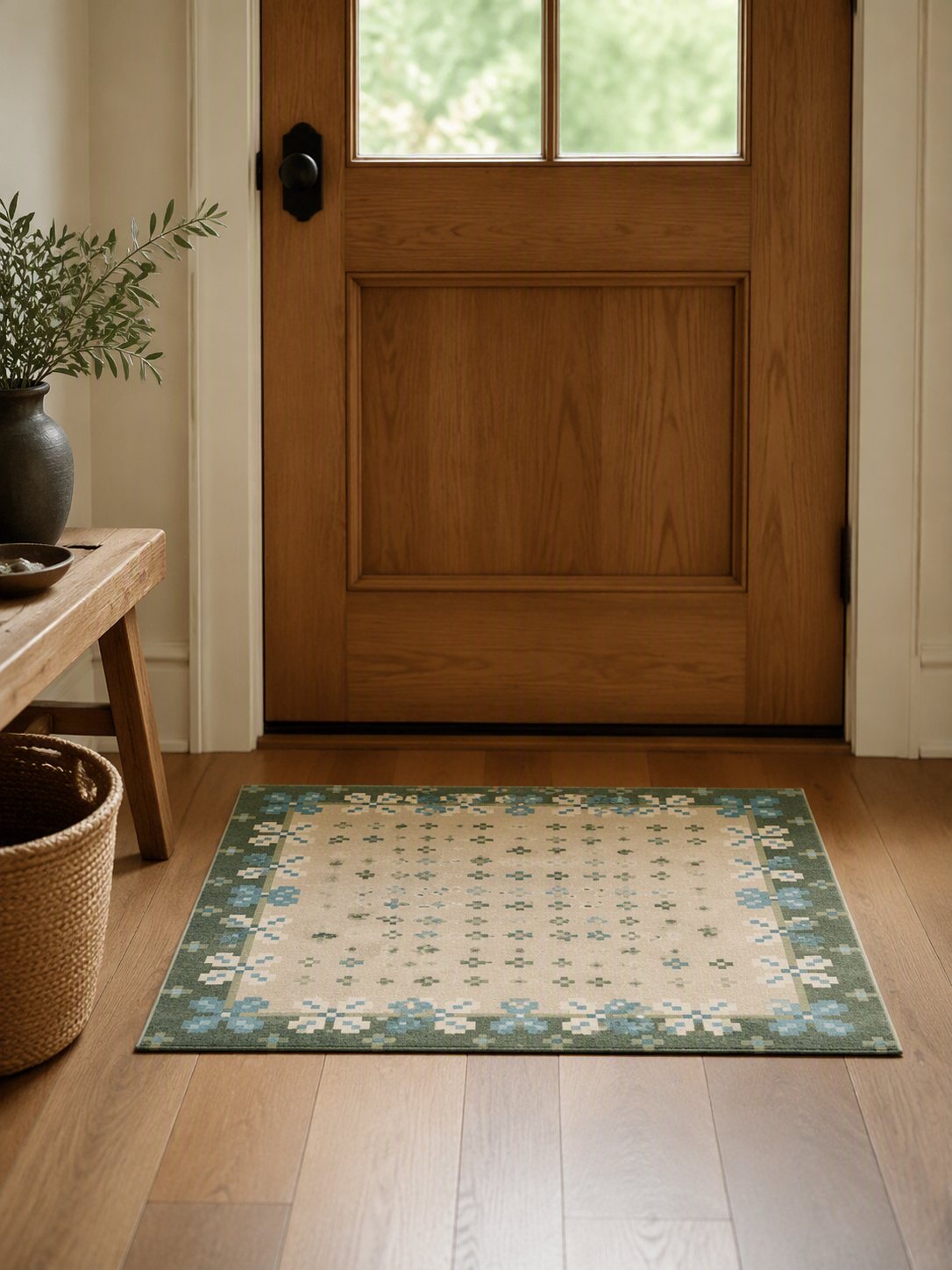 Vintage Green Blue Geometric Border Short‑Pile Area Rug