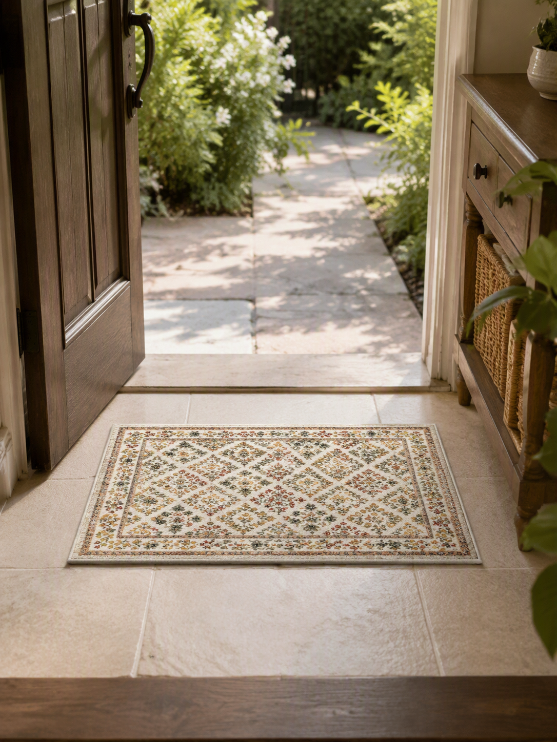 Block‑Print Floral Diamond Area Rug