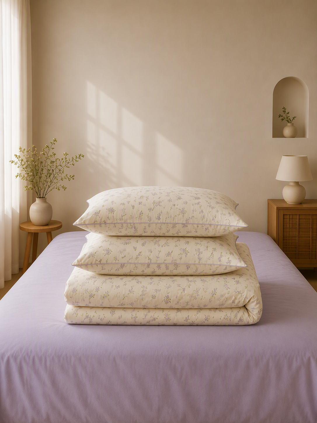 Cream Lavender Floral 100% Cotton Bedding Set