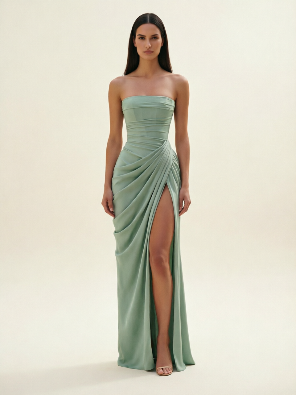 Strapless Ruched High Slit Maxi Dress