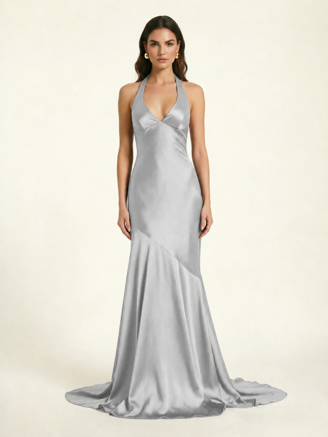 Neckline deep V sequined floor-length evening dress