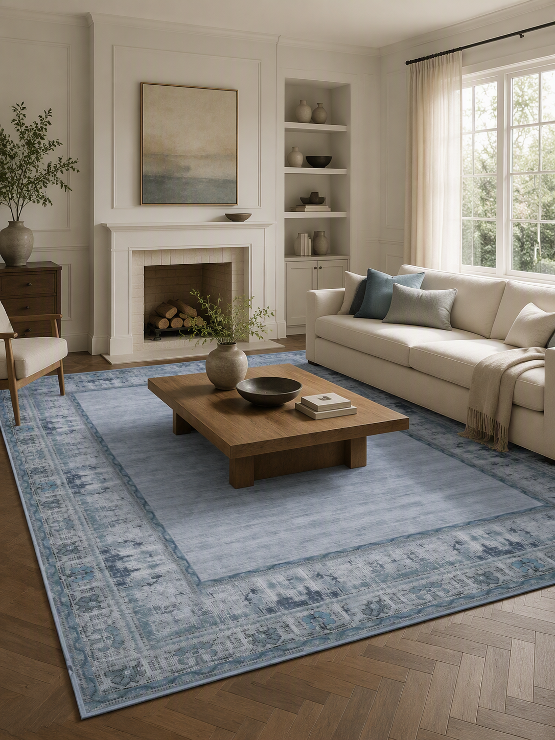 Elegant Transitional Faded Ornamental Border Area Rug