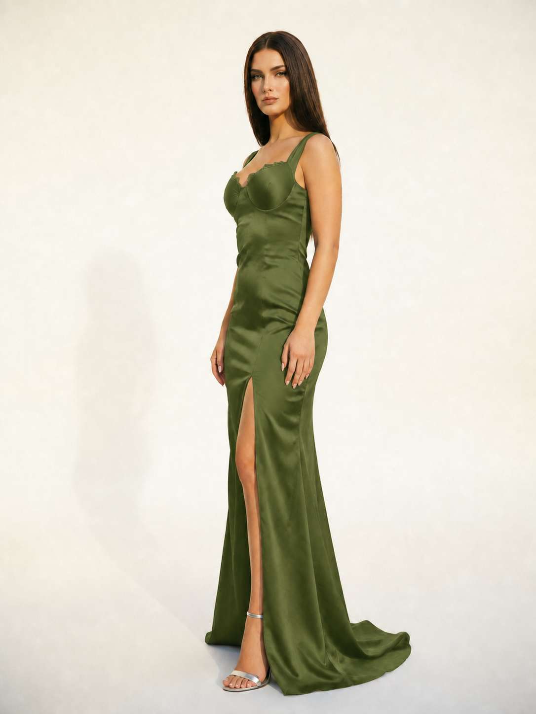 Satin cup-shaped halter dress with back opening revealing the back