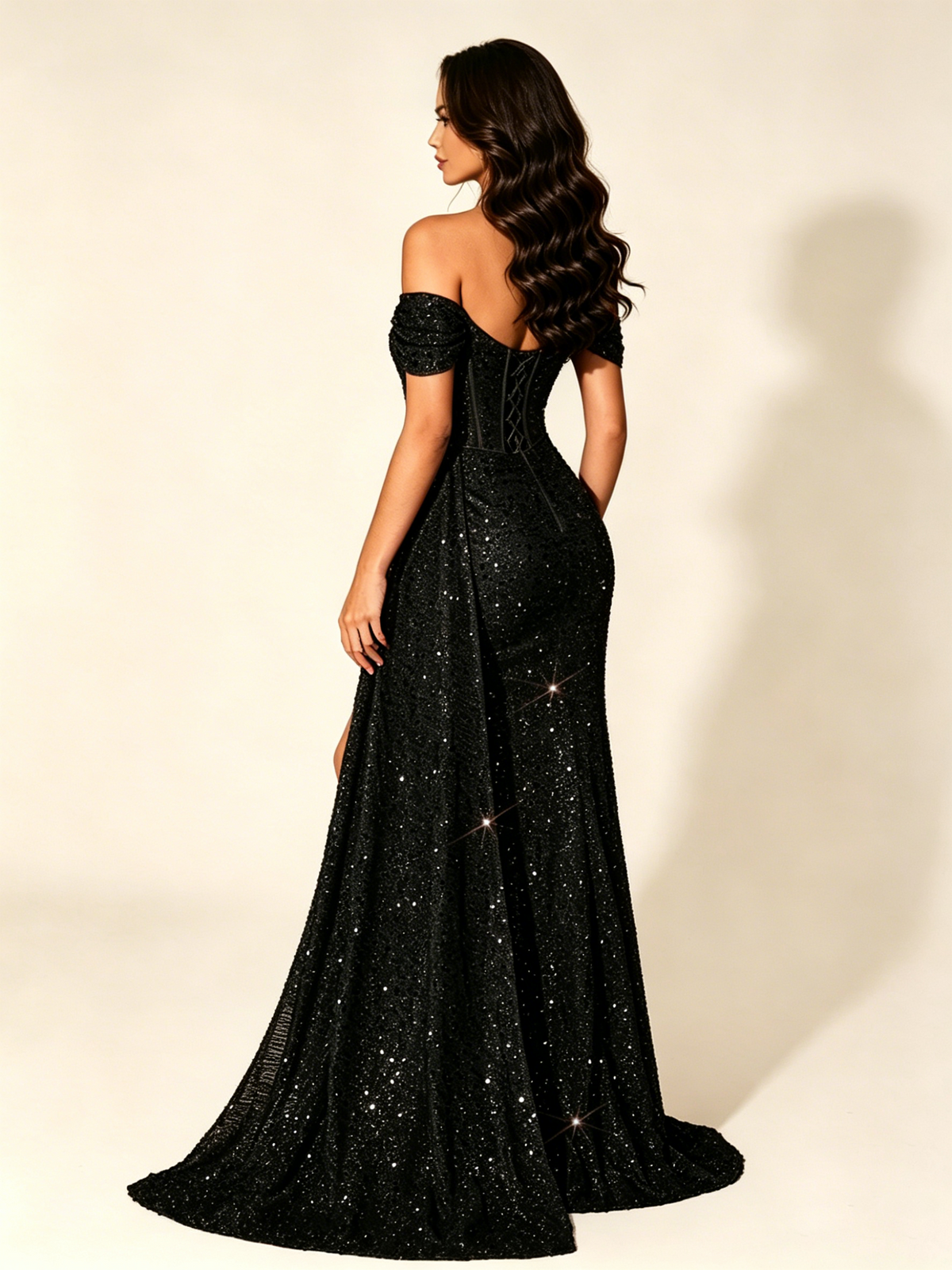 Off Shoulder Sequin High Slit Dress with Train