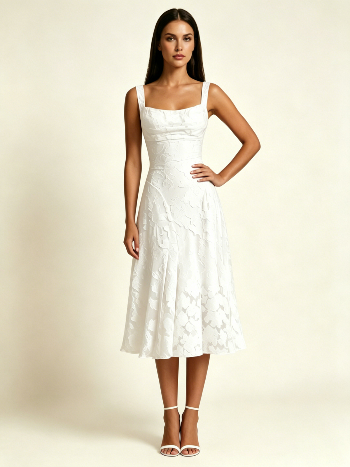 3D Floral Jacquard Square Neck Midi Dress