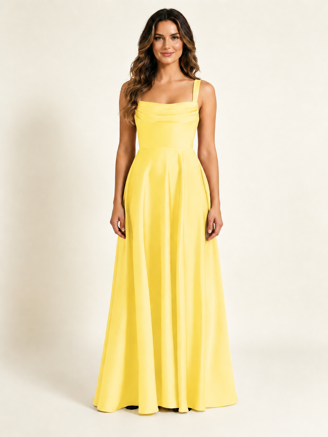 Satin Draped Cowl Square Neck A-Line Maxi Bridesmaid Dress