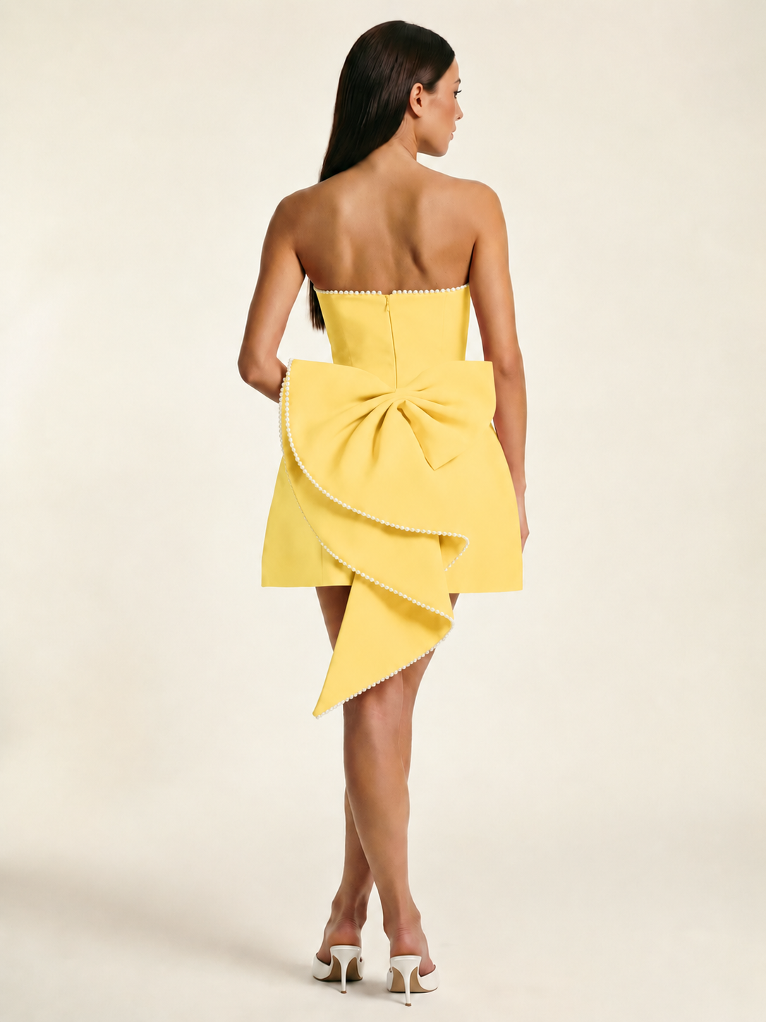 Strapless Pearl Trim Bow Back A-Line Mini Dress