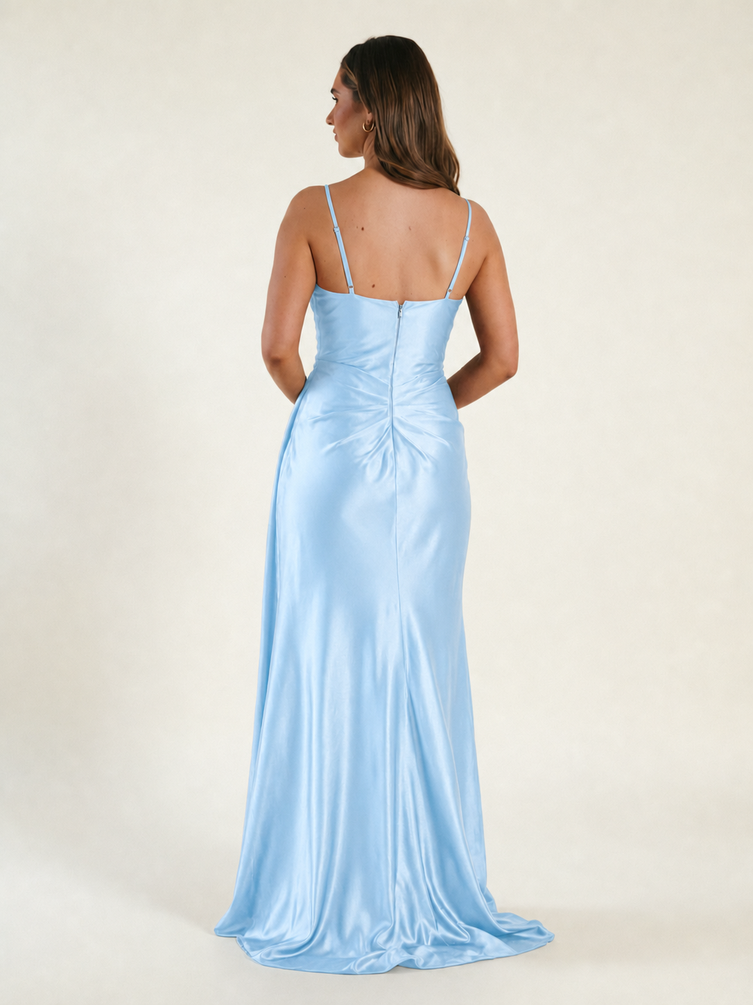 V-neck satin fine bandeau fitted high slit long dress