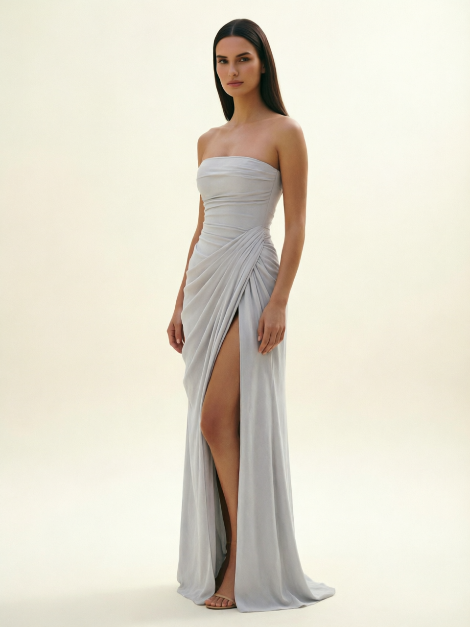 Strapless Ruched High Slit Maxi Dress