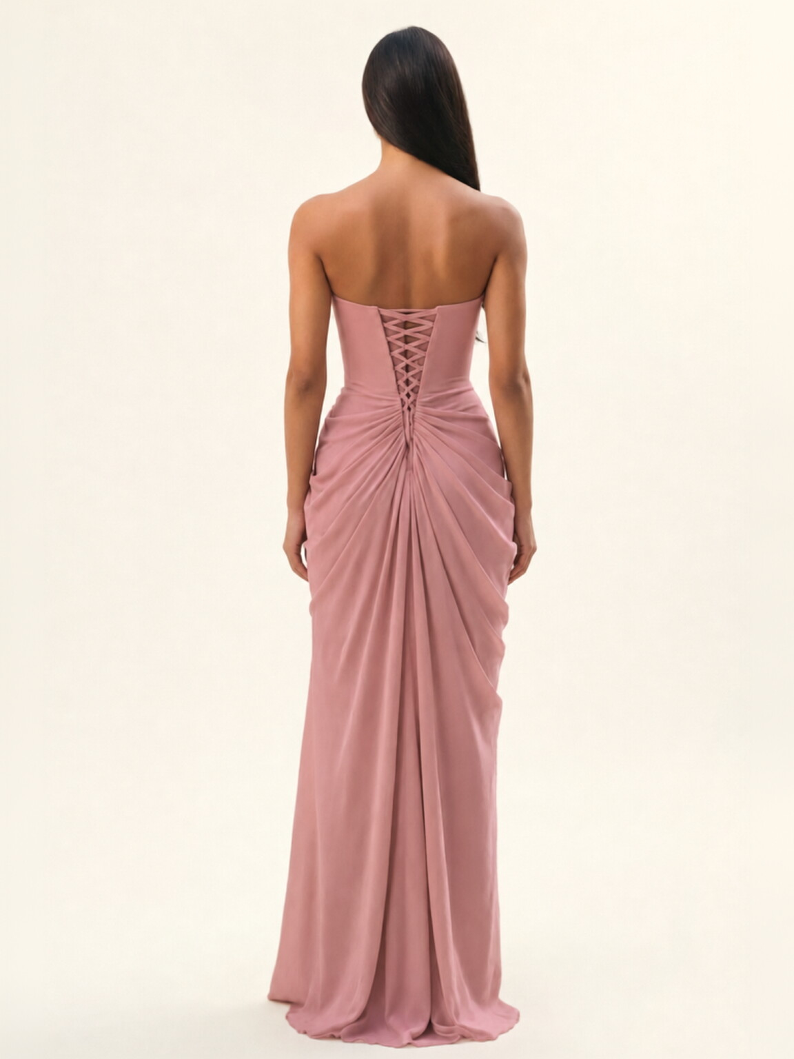 Strapless Ruched High Slit Maxi Dress