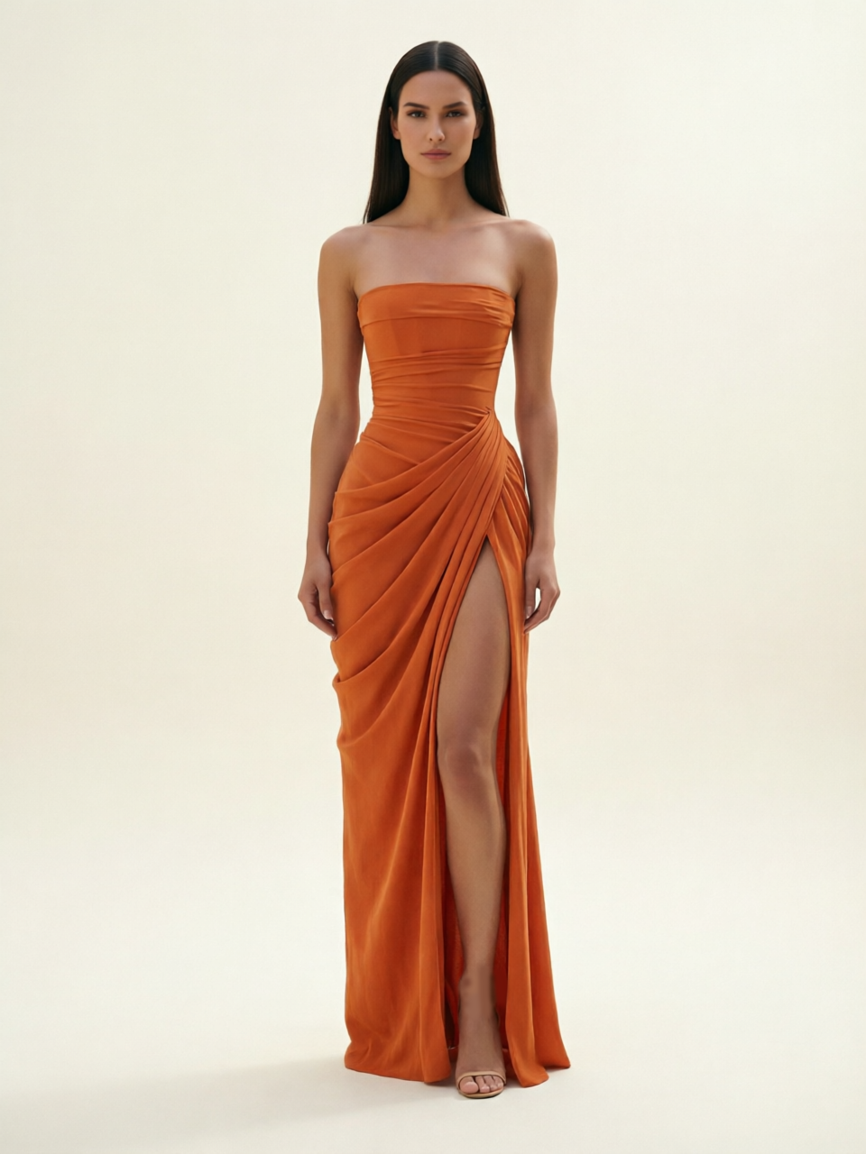 Strapless Ruched High Slit Maxi Dress