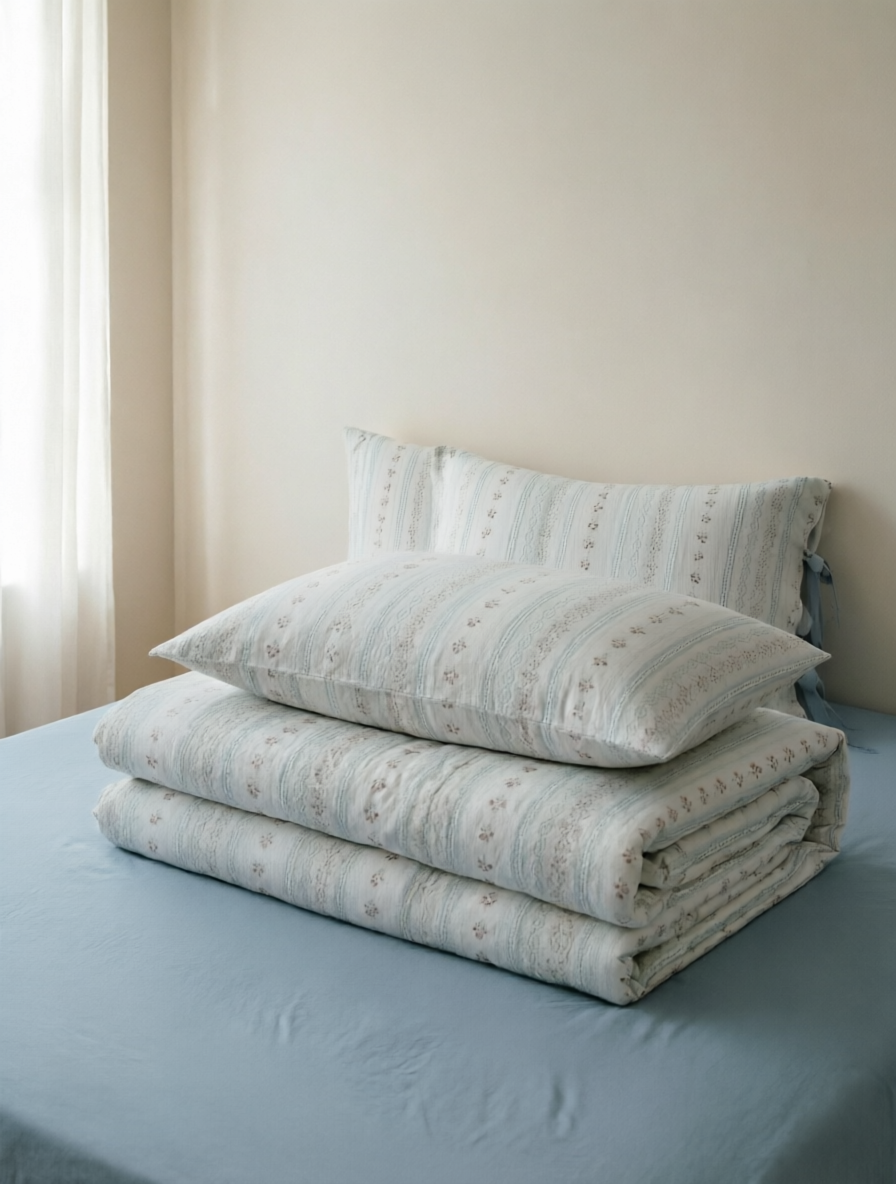 5-Piece Striped Botanical Tie Closure Bedding Set