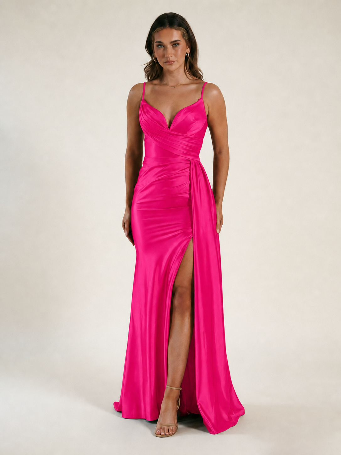 V-neck satin fine bandeau fitted high slit long dress