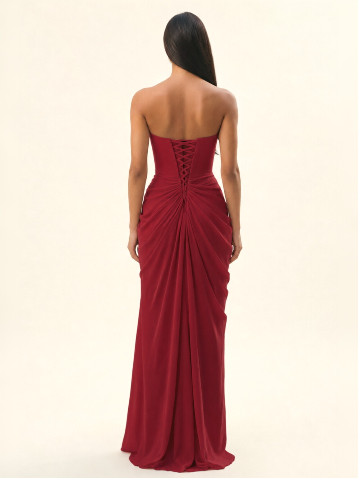 Strapless Ruched High Slit Maxi Dress