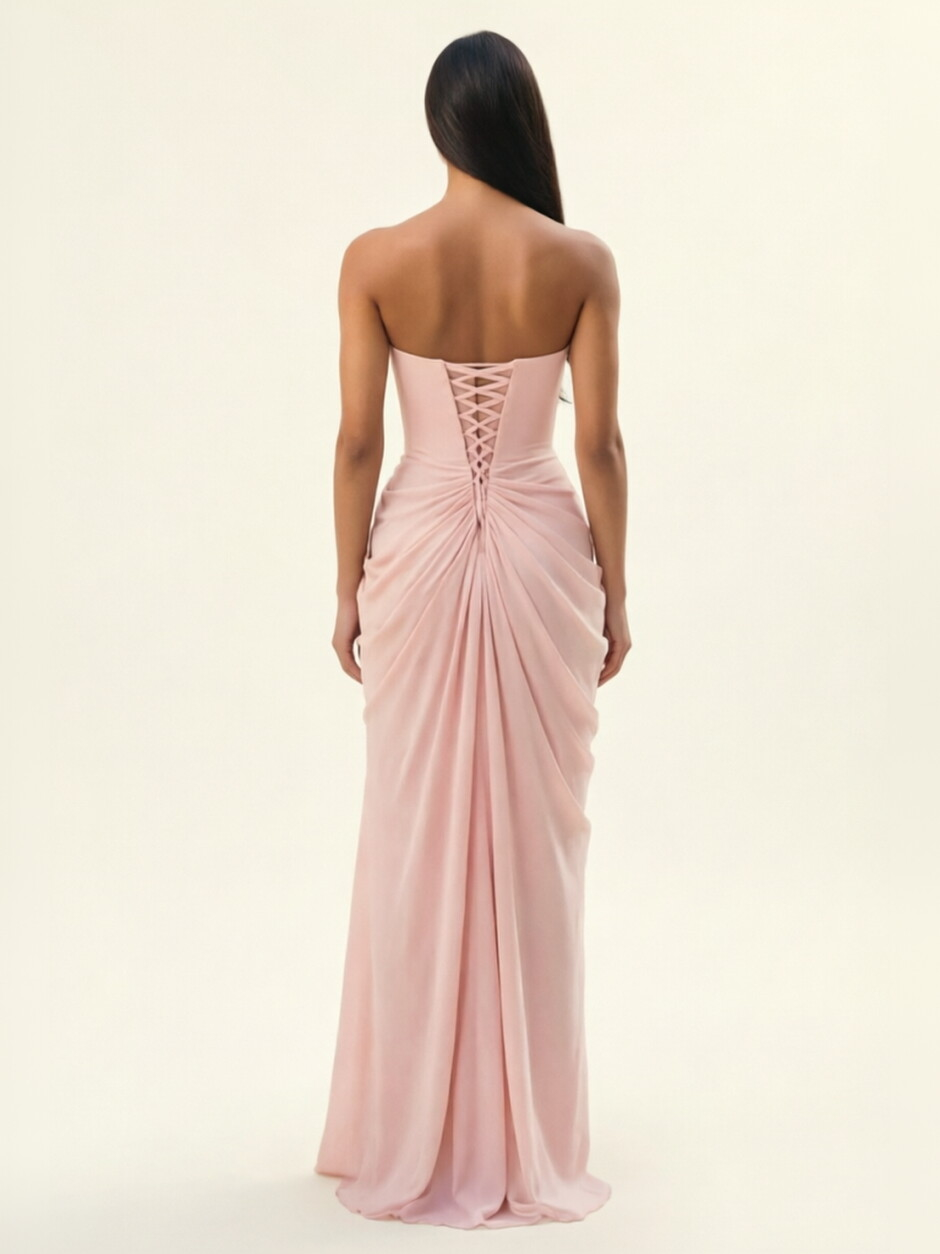 Strapless Ruched High Slit Maxi Dress