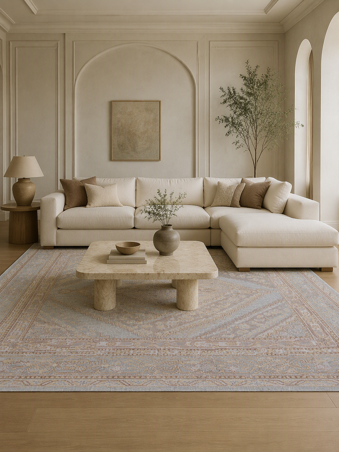 Light Blue Beige Vintage Medallion Area Rug