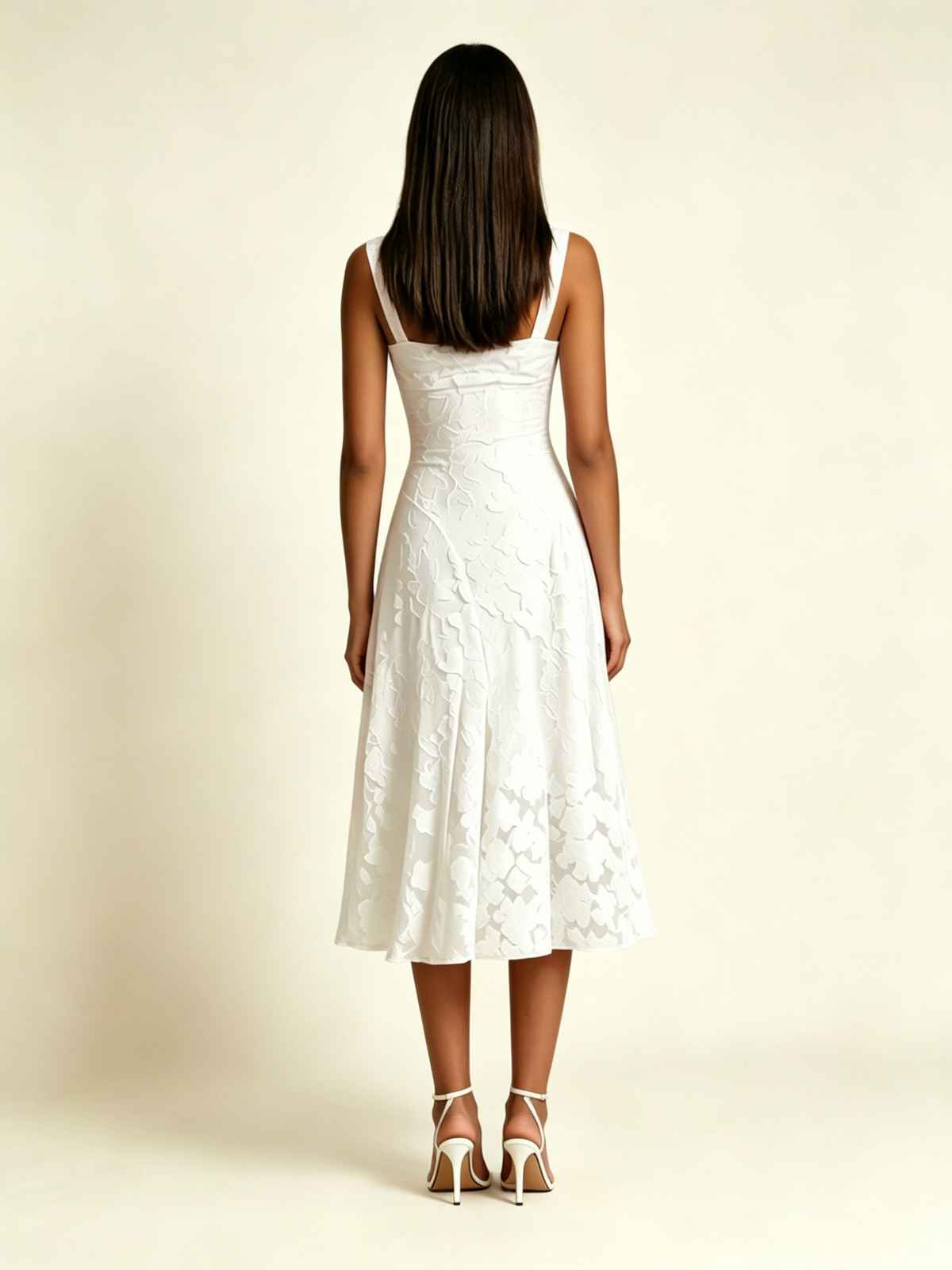 3D Floral Jacquard Square Neck Midi Dress