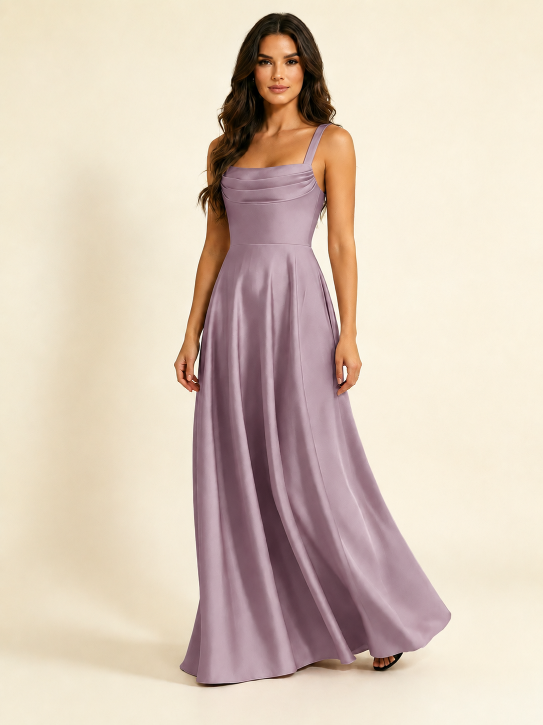 Satin Draped Cowl Square Neck A-Line Maxi Bridesmaid Dress