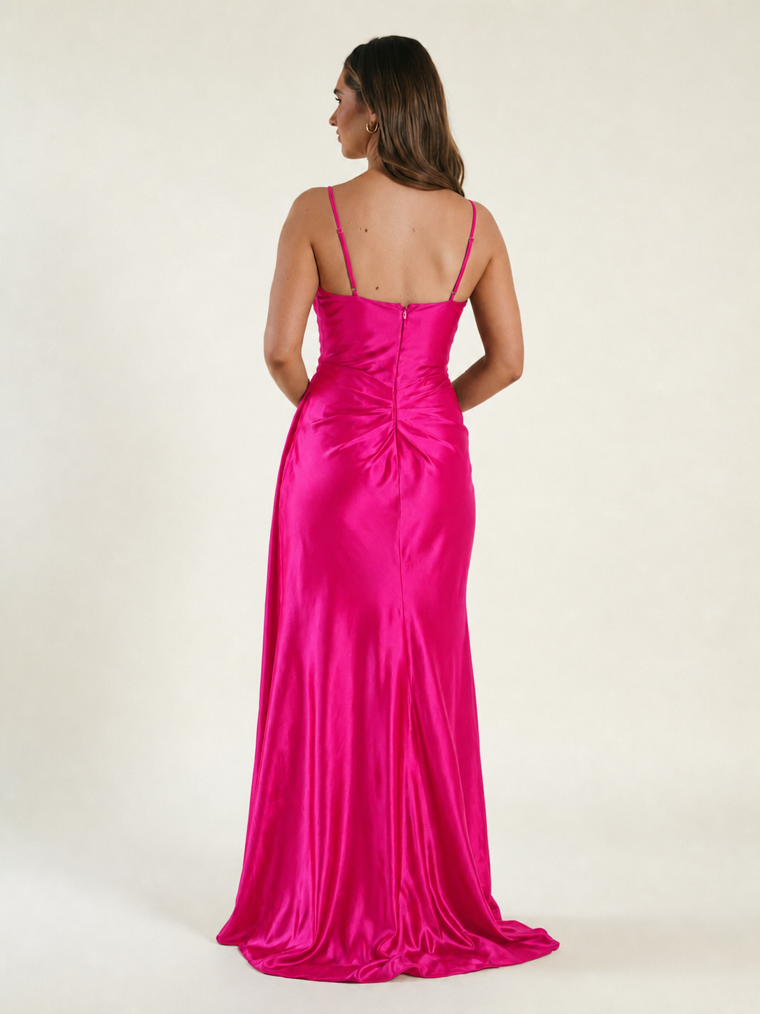 V-neck satin fine bandeau fitted high slit long dress