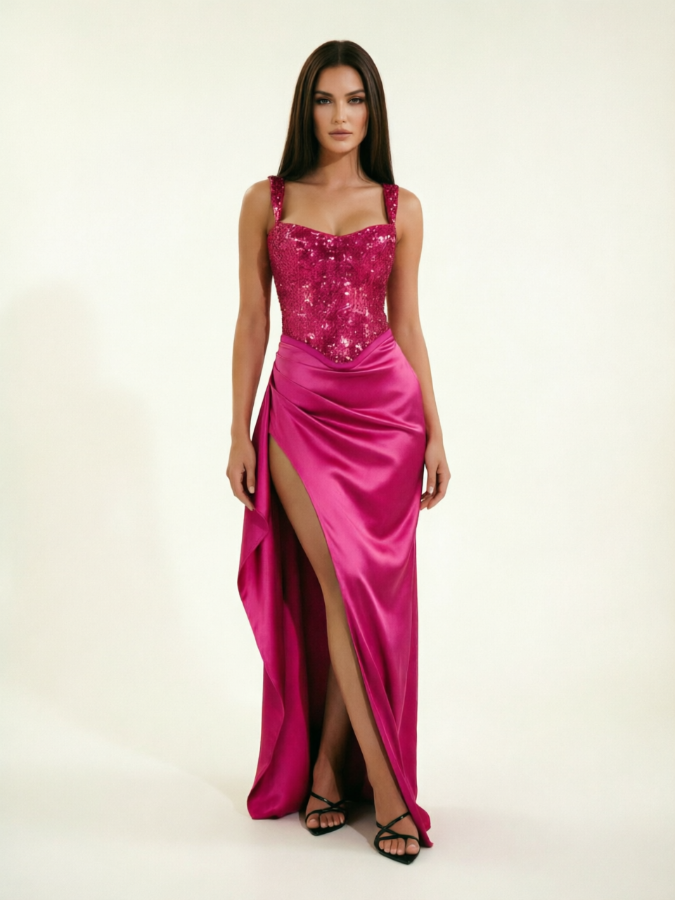 Sequin Corset Satin High Slit Formal Maxi Dress