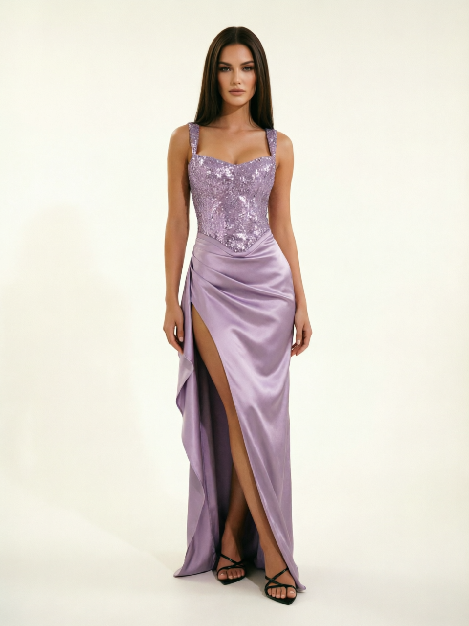 Sequin Corset Satin High Slit Formal Maxi Dress