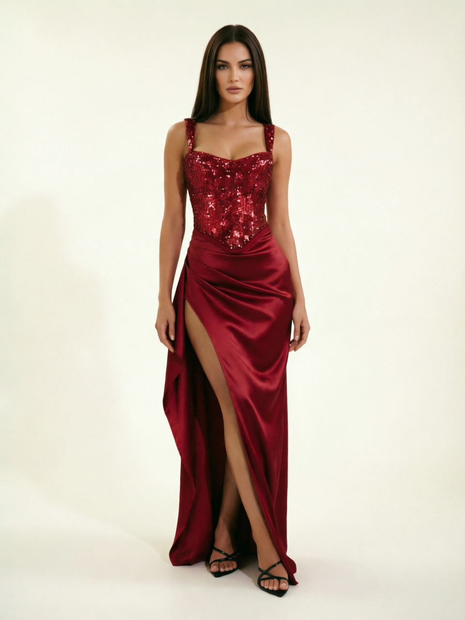 Sequin Corset Satin High Slit Formal Maxi Dress