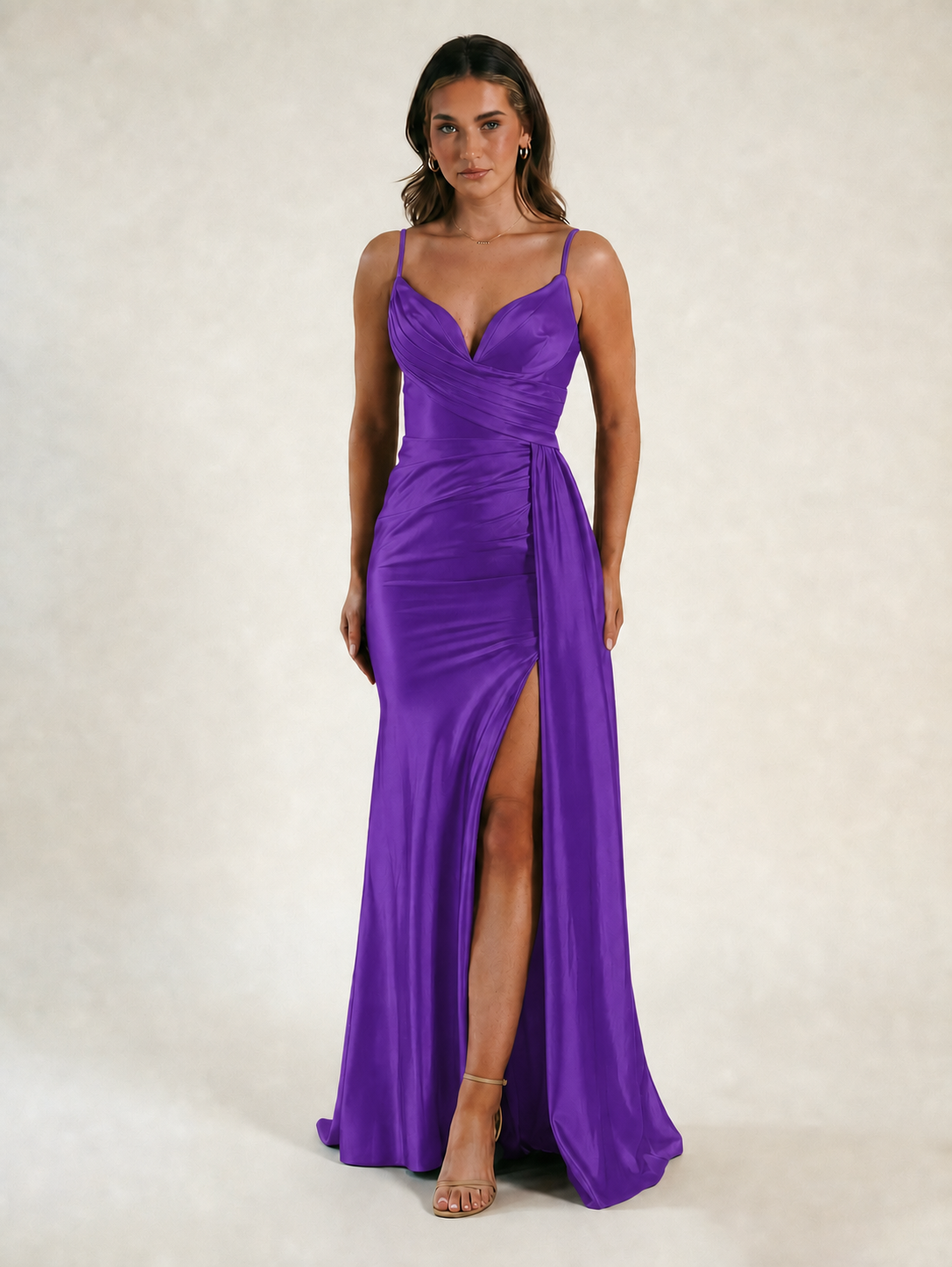 V-neck satin fine bandeau fitted high slit long dress