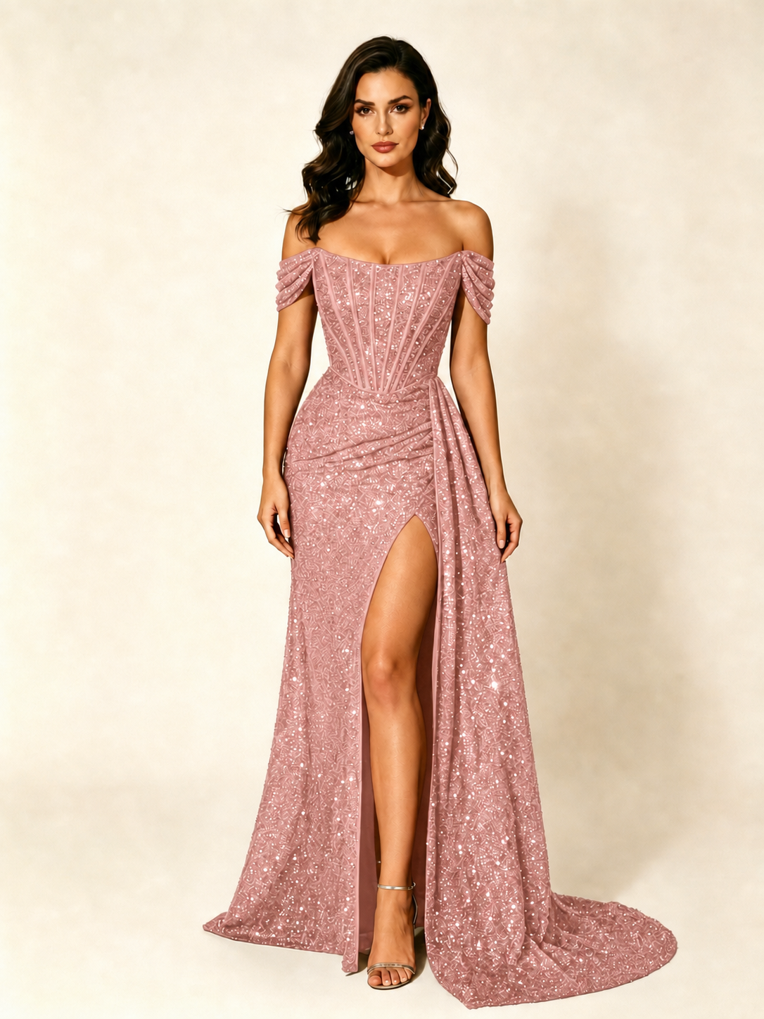 Off Shoulder Sequin High Slit Dress with Train