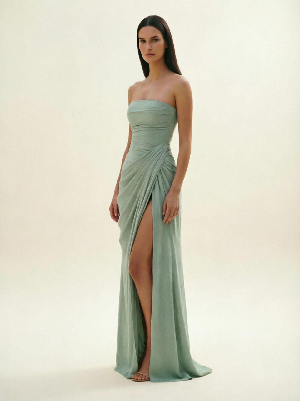 Strapless Ruched High Slit Maxi Dress
