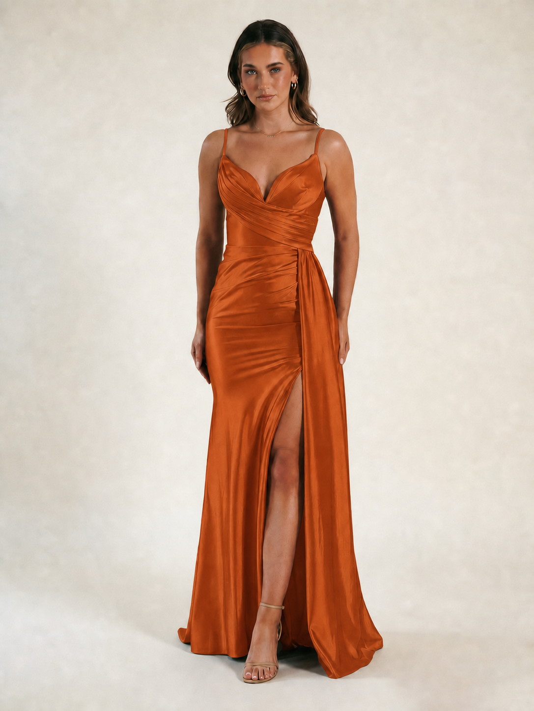 V-neck satin fine bandeau fitted high slit long dress