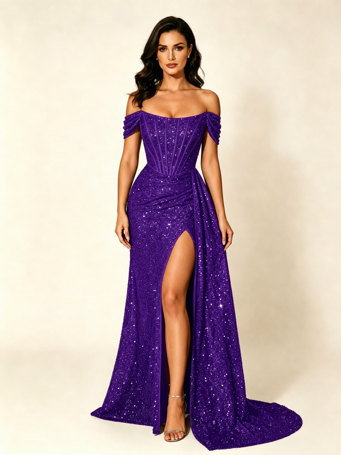 Off Shoulder Sequin High Slit Dress with Train