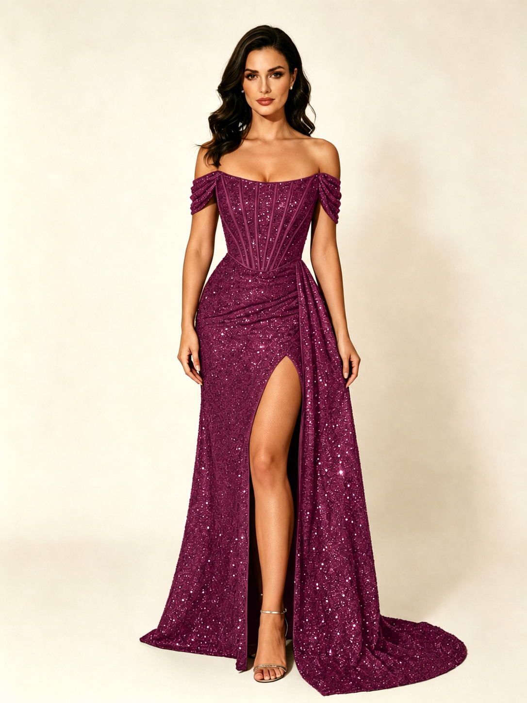Off Shoulder Sequin High Slit Dress with Train
