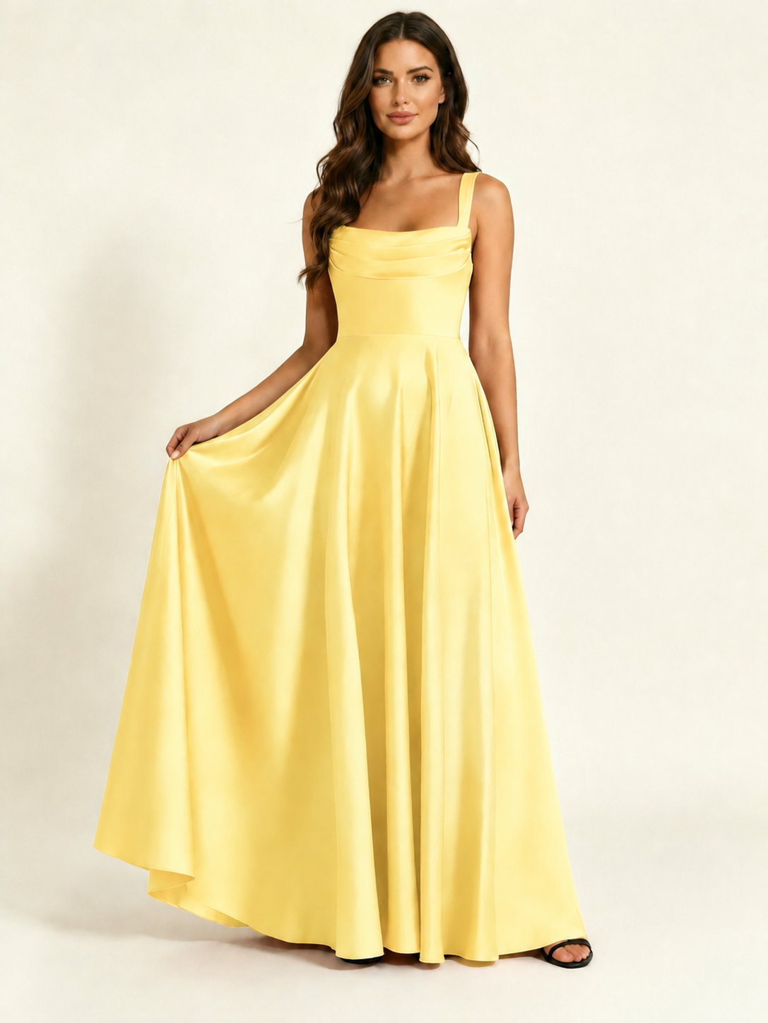 Satin Draped Cowl Square Neck A-Line Maxi Bridesmaid Dress