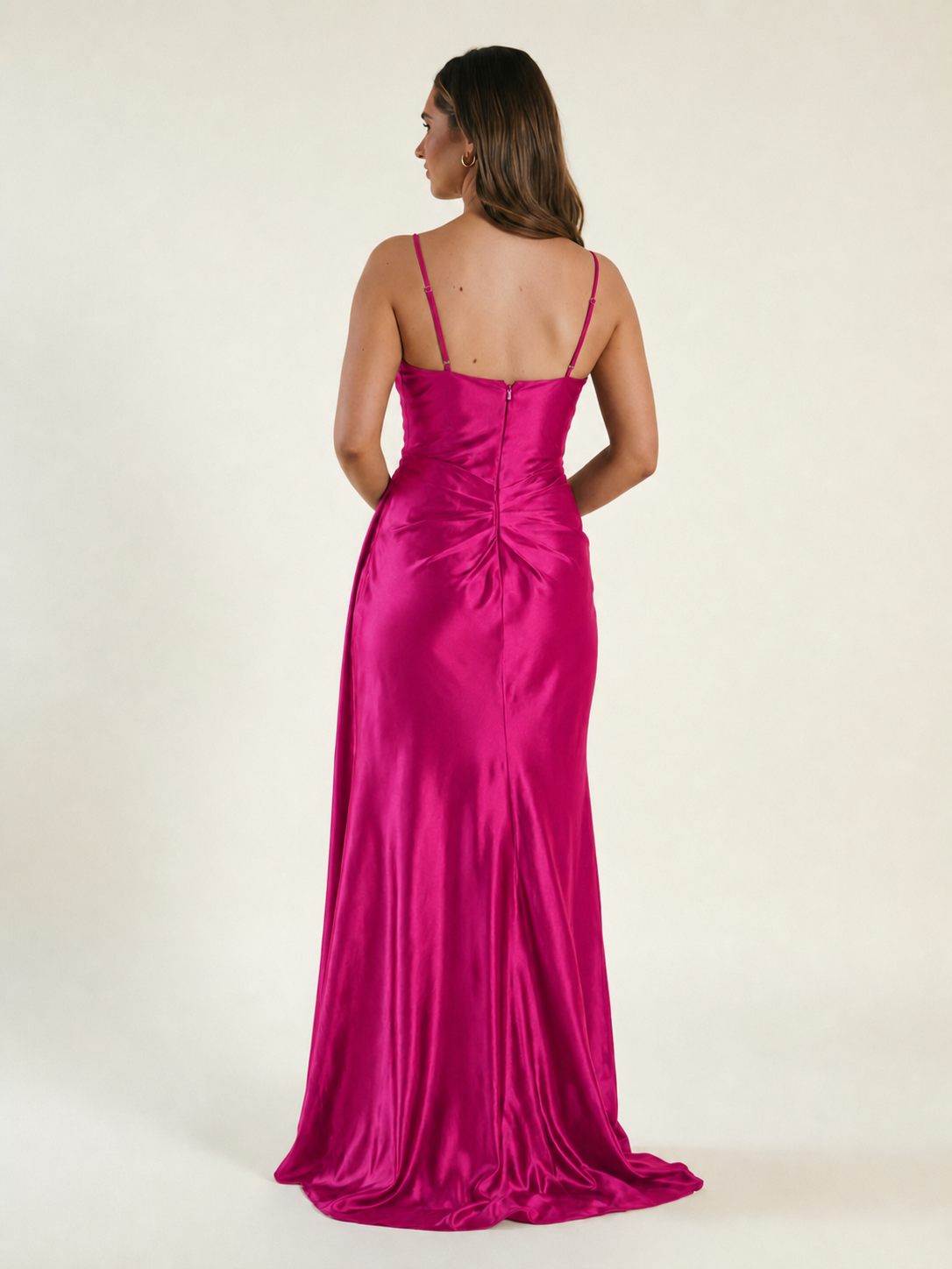 V-neck satin fine bandeau fitted high slit long dress