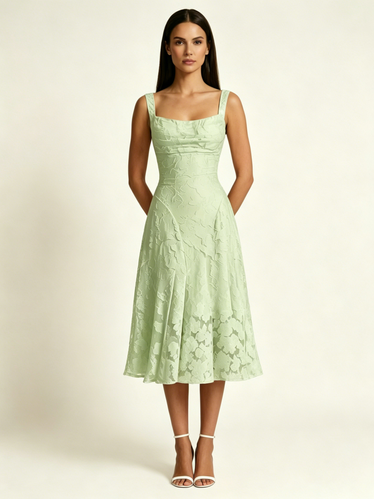 3D Floral Jacquard Square Neck Midi Dress