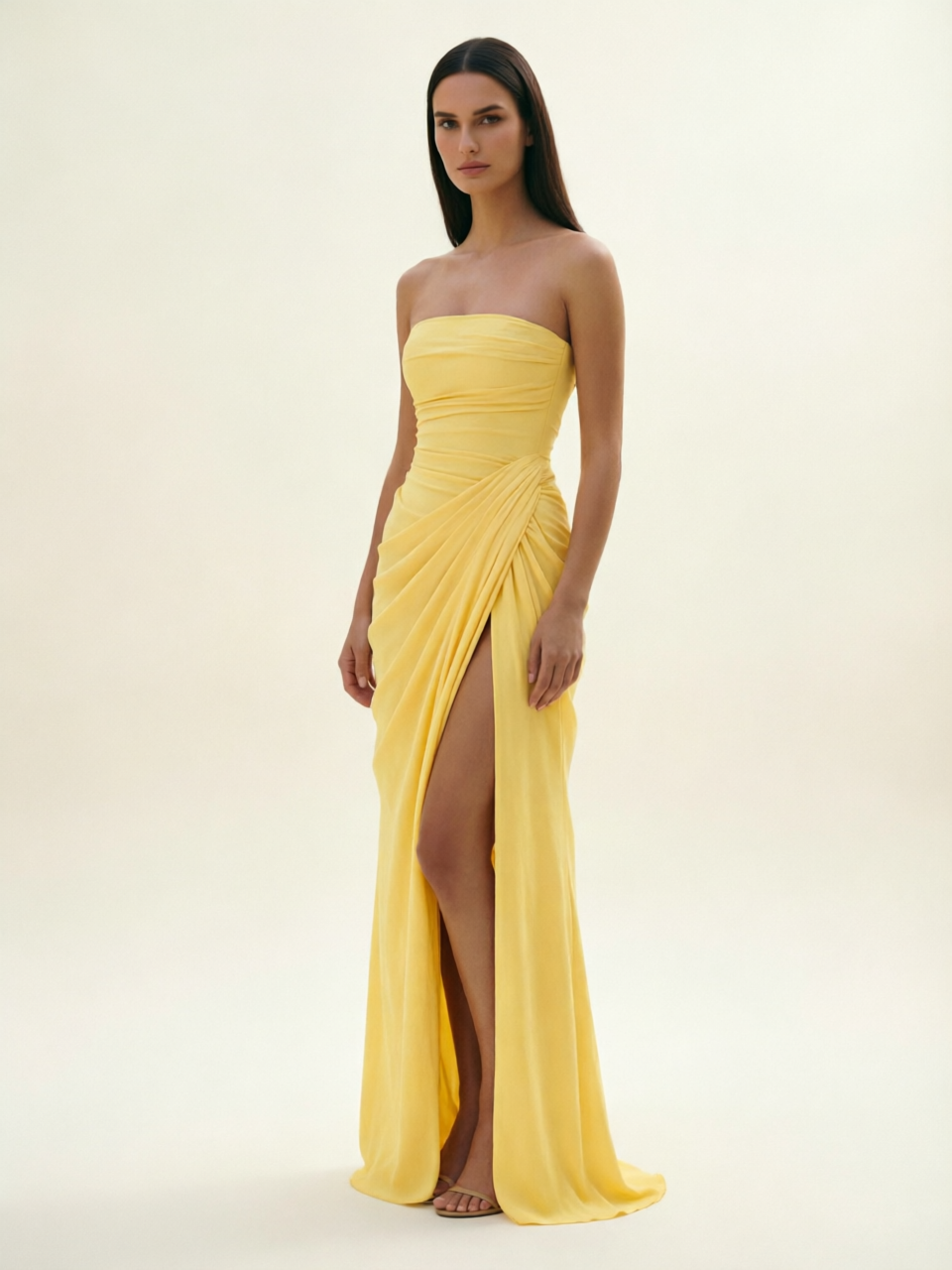 Strapless Ruched High Slit Maxi Dress