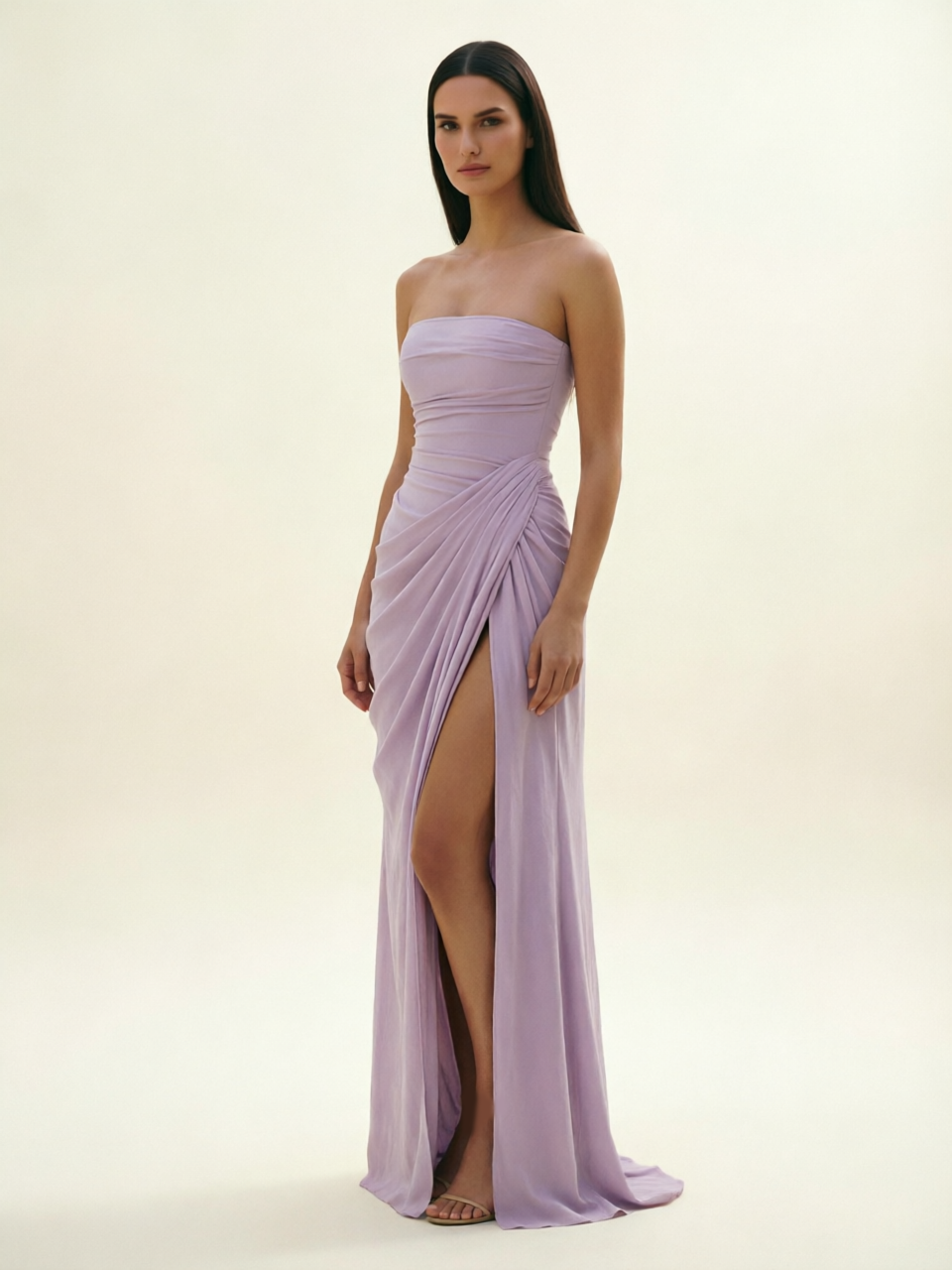 Strapless Ruched High Slit Maxi Dress