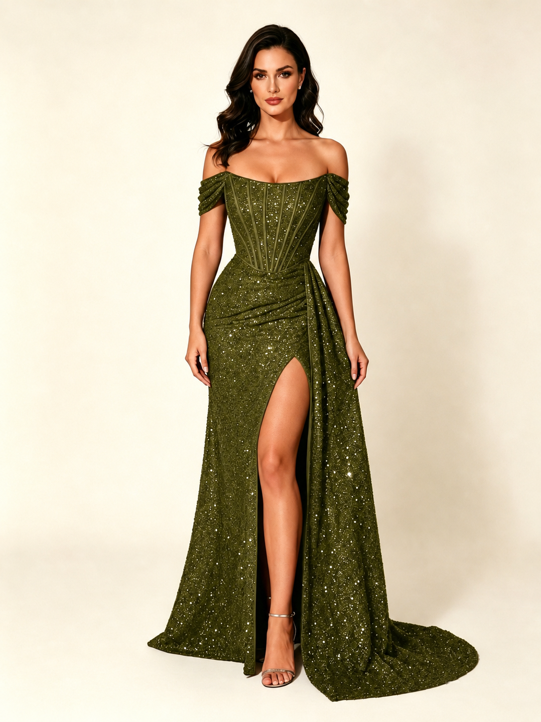 Off Shoulder Sequin High Slit Dress with Train