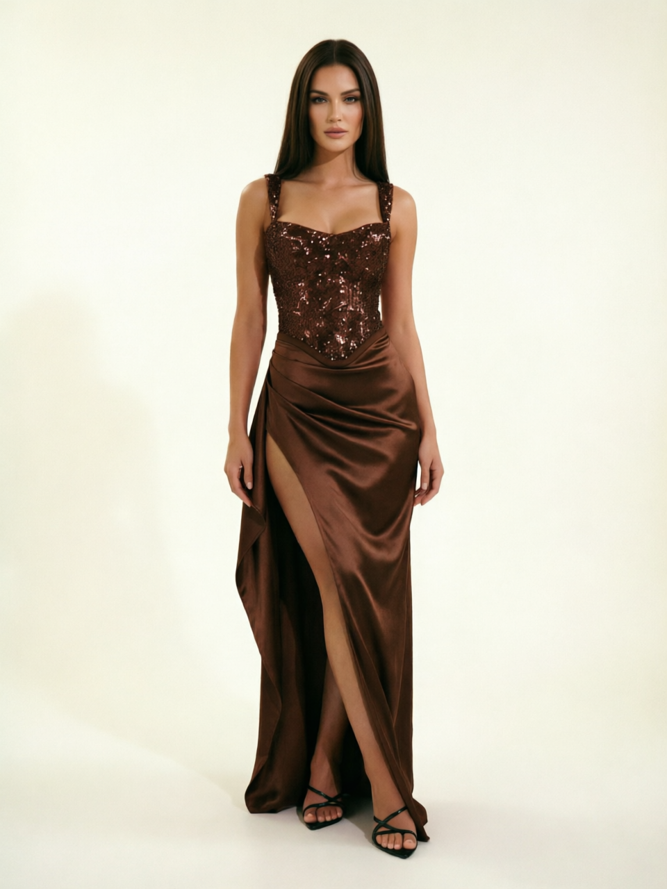 Sequin Corset Satin High Slit Formal Maxi Dress