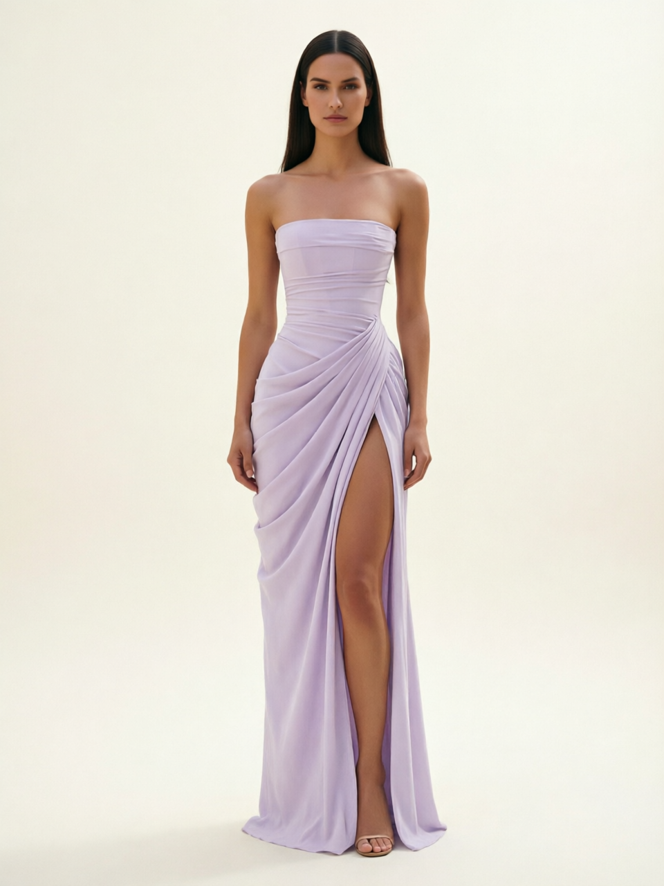 Strapless Ruched High Slit Maxi Dress