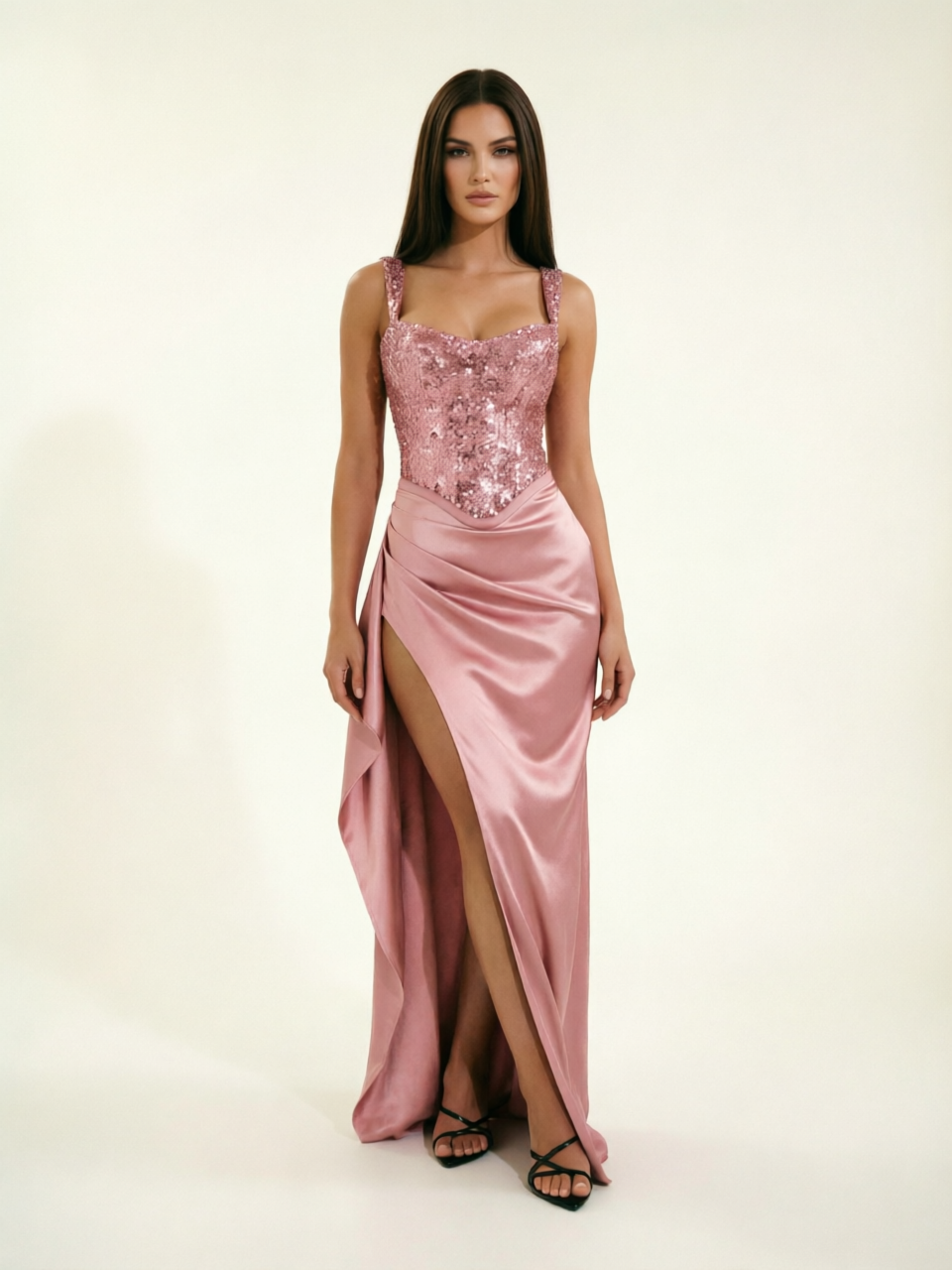 Sequin Corset Satin High Slit Formal Maxi Dress