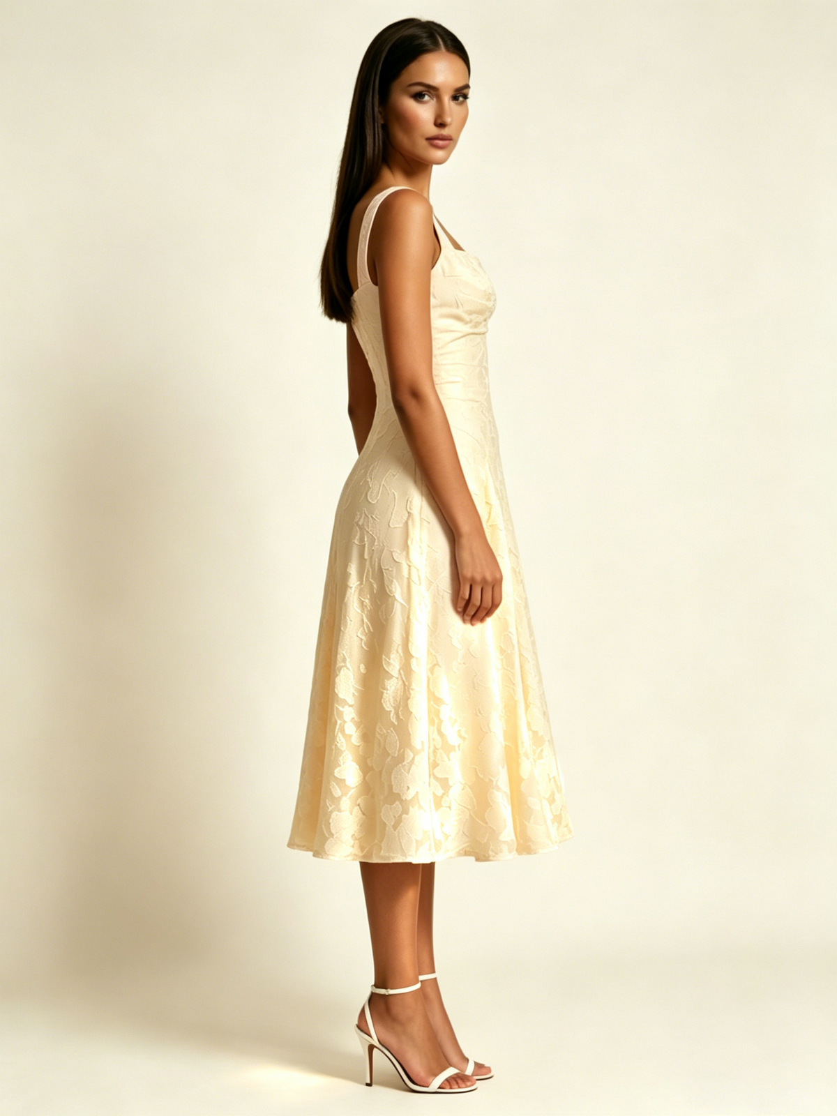 3D Floral Jacquard Square Neck Midi Dress