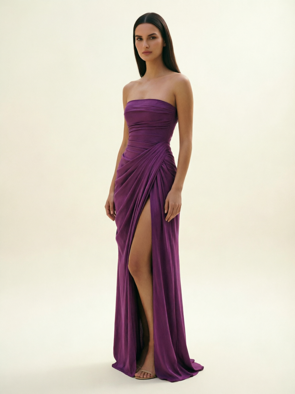 Strapless Ruched High Slit Maxi Dress