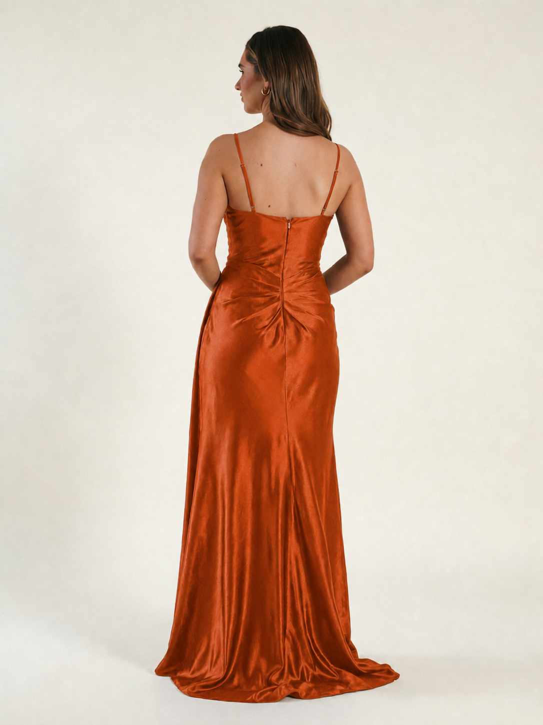 V-neck satin fine bandeau fitted high slit long dress