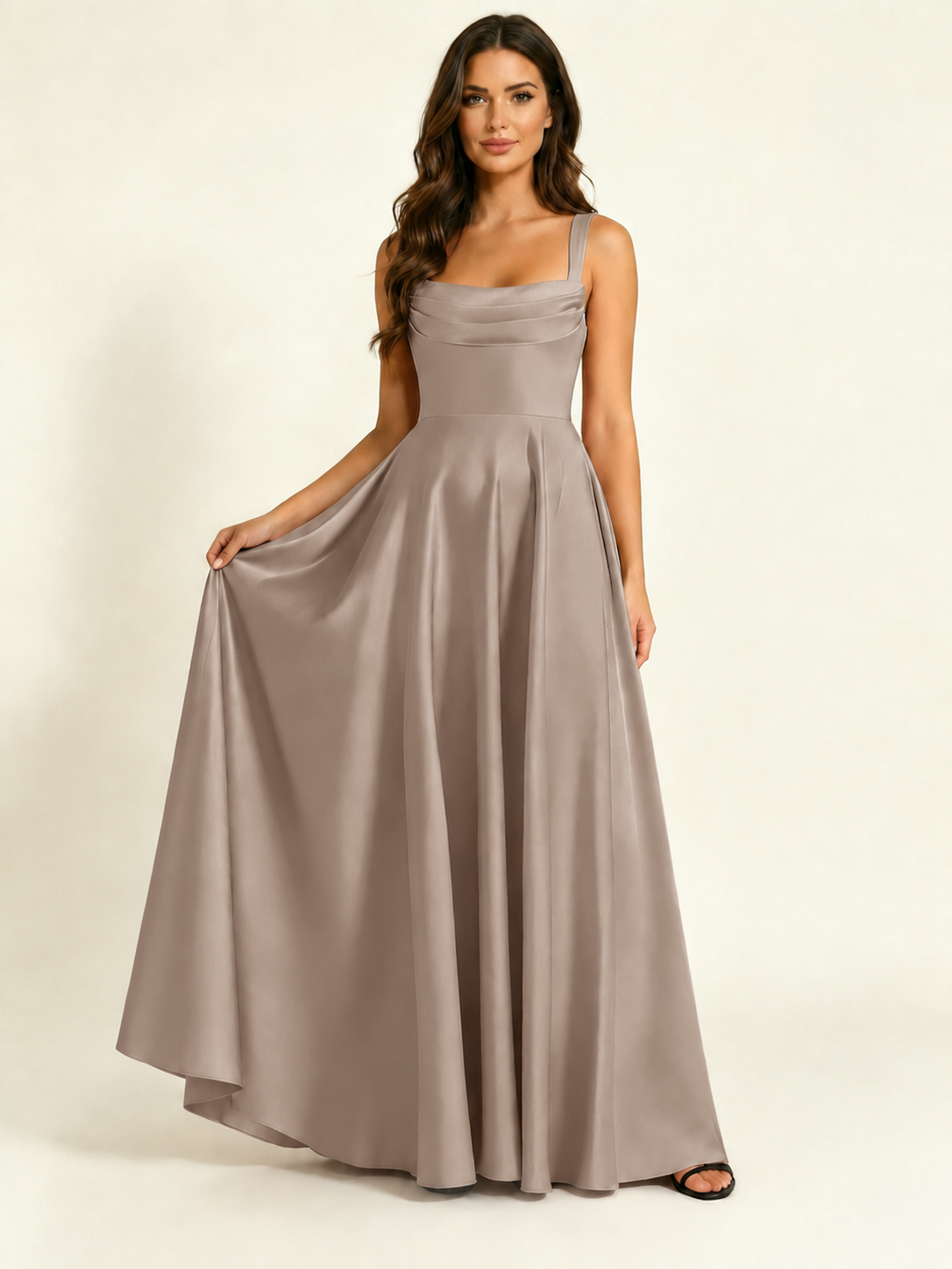 Satin Draped Cowl Square Neck A-Line Maxi Bridesmaid Dress