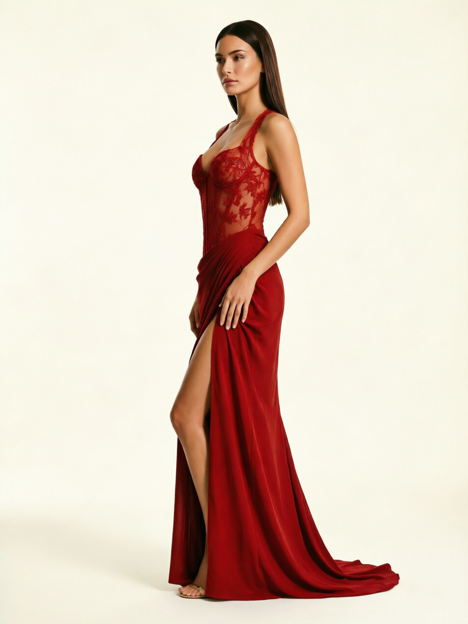 Lace Corset Halter High Slit Formal Dress