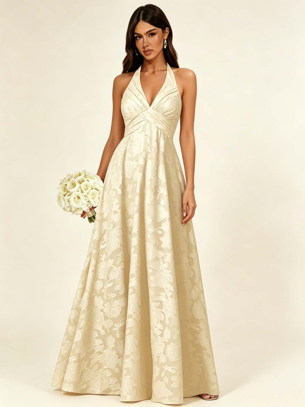 Floral Jacquard Halter Deep V A-Line Maxi Dress Backless Lace-Up Corset Bridesmaid Dress
