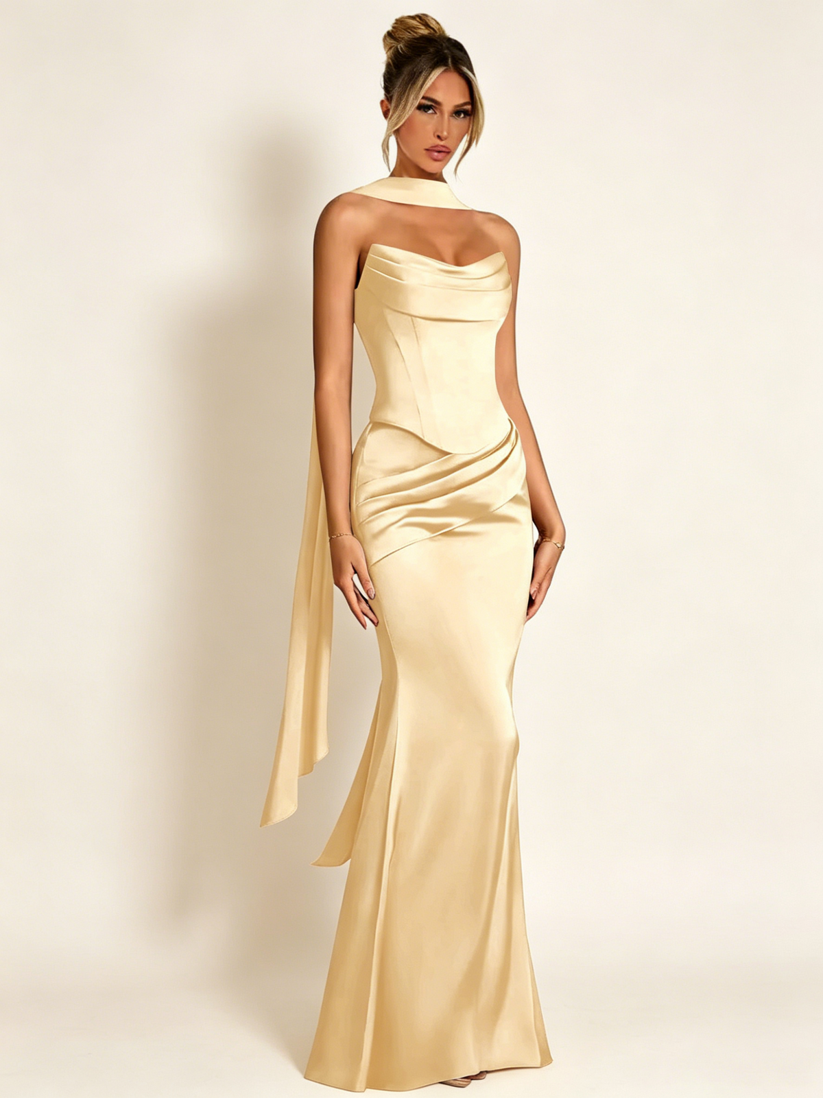 Satin Cowl Neck Mermaid Evening Dress with Corset Bodice and Draped Straps