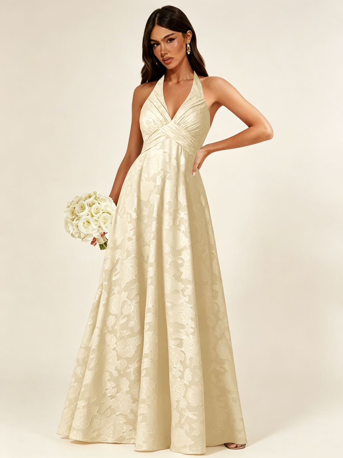 Floral Jacquard Halter Deep V A-Line Maxi Dress Backless Lace-Up Corset Bridesmaid Dress