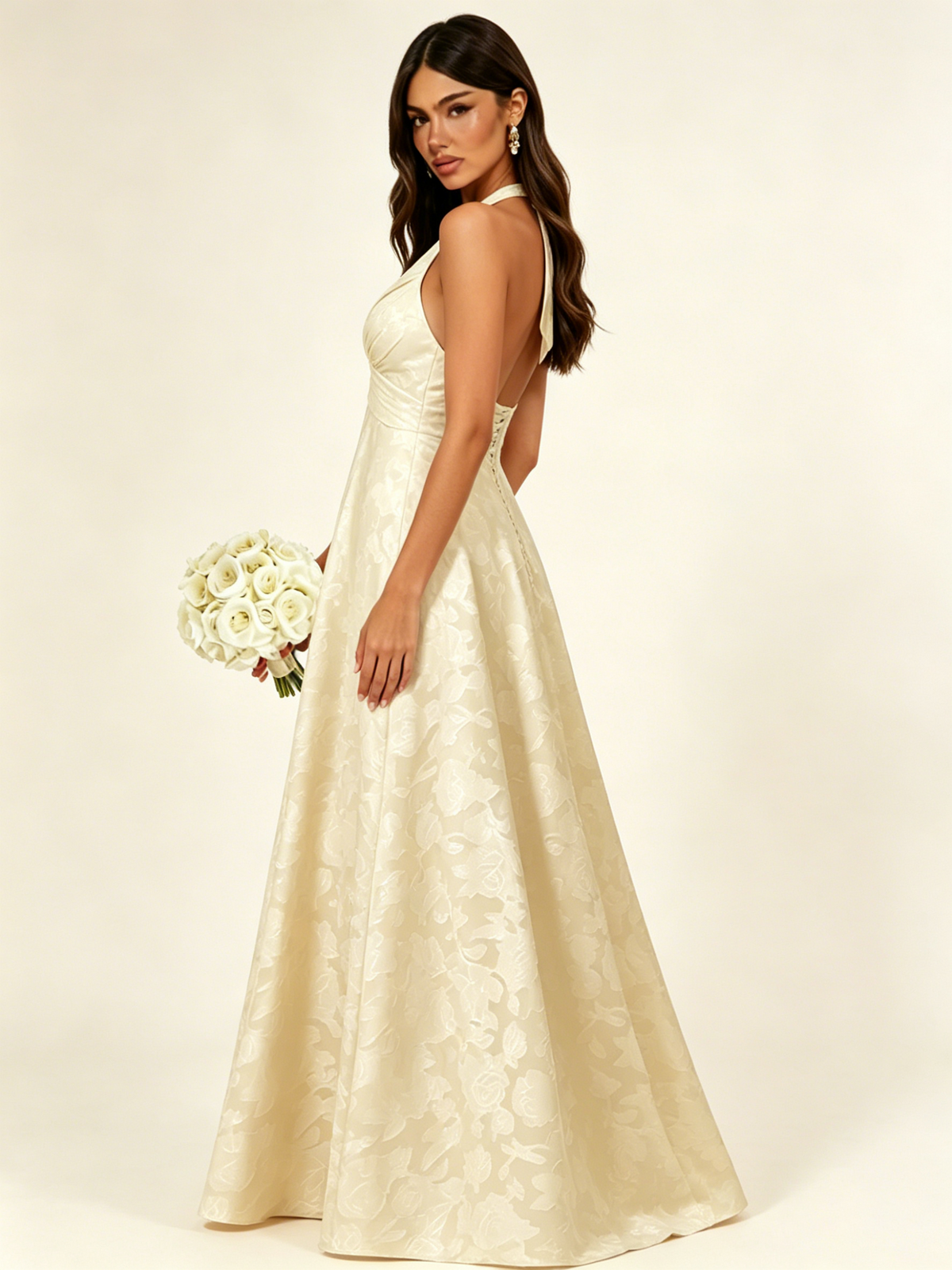 Floral Jacquard Halter Deep V A-Line Maxi Dress Backless Lace-Up Corset Bridesmaid Dress